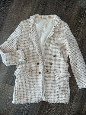 Women's Tweed Fringe Blazer Jacket in Ivory and Beige